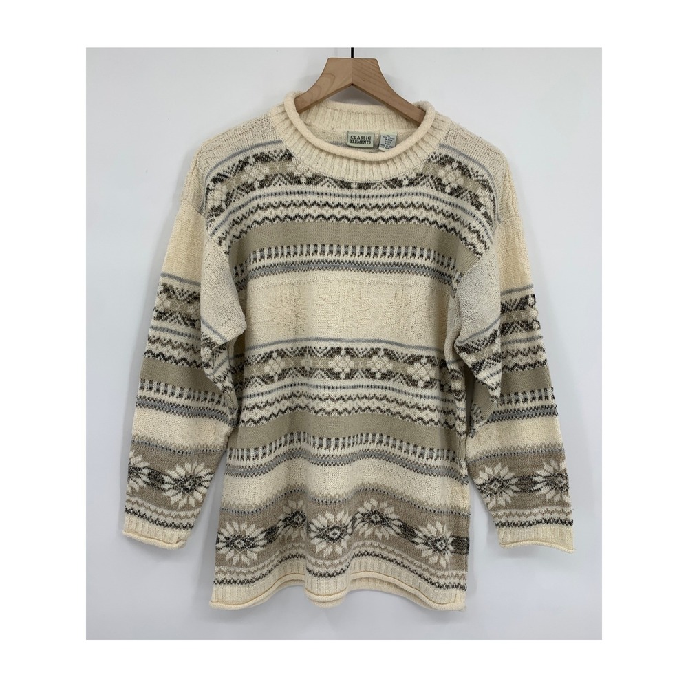 Vintage Roll Neck Sweater Womens Large Cream Fair Isle Knit Winter Cozy Ski